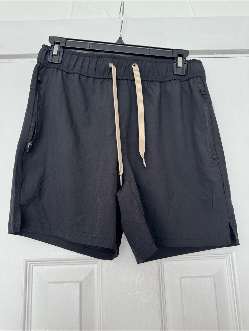 Men's Black Athletic Drawstring Shorts with Beige Cord